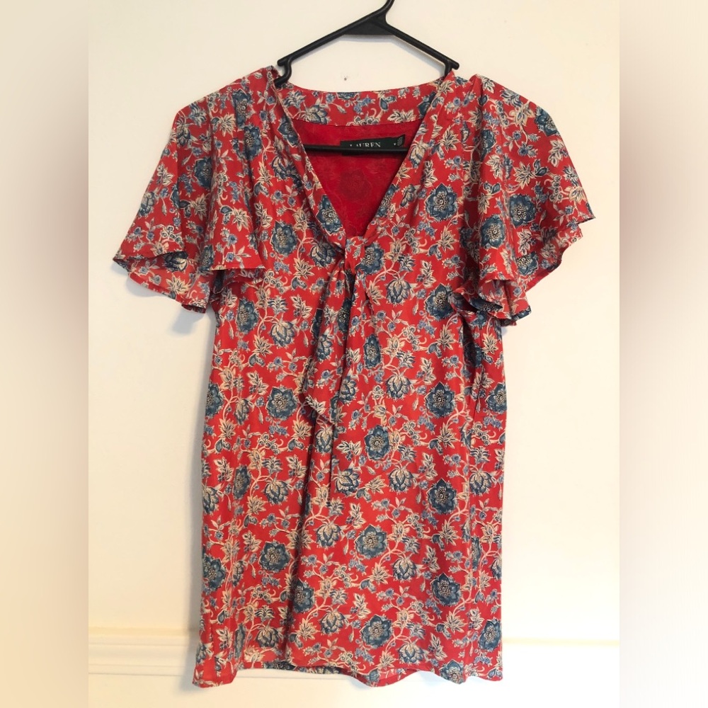 Lauren Ralph Blouse Floral Flutter Sleeve Tie Neck medium- classic